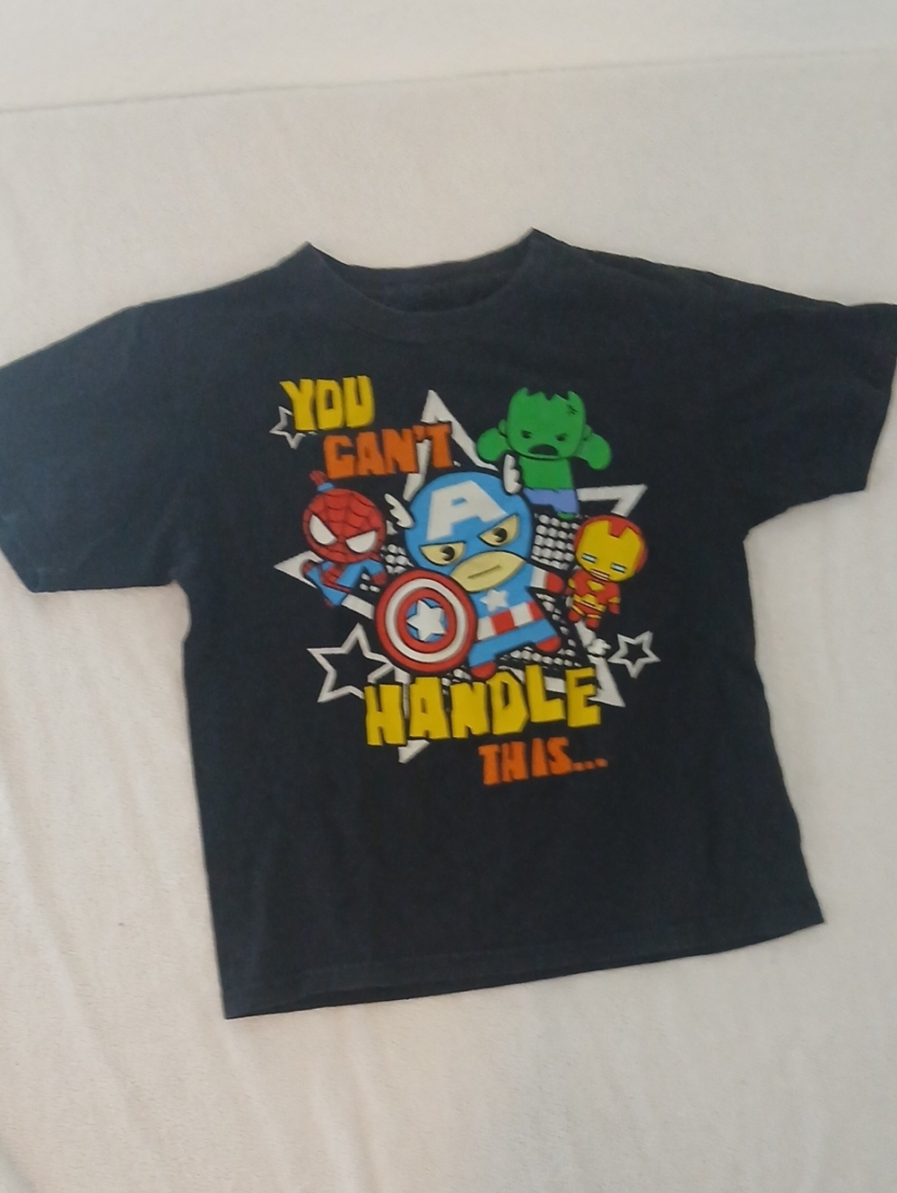 Marvel Children's Black Graphic Tee with Yellow & Red Accents Size 7